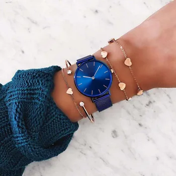 

Mavis Hare Blue Mesh Watches Bracelet Set with royalblue swirl marks dial Wristwatch & Rose gold heart Crystal Bracelet Bangle