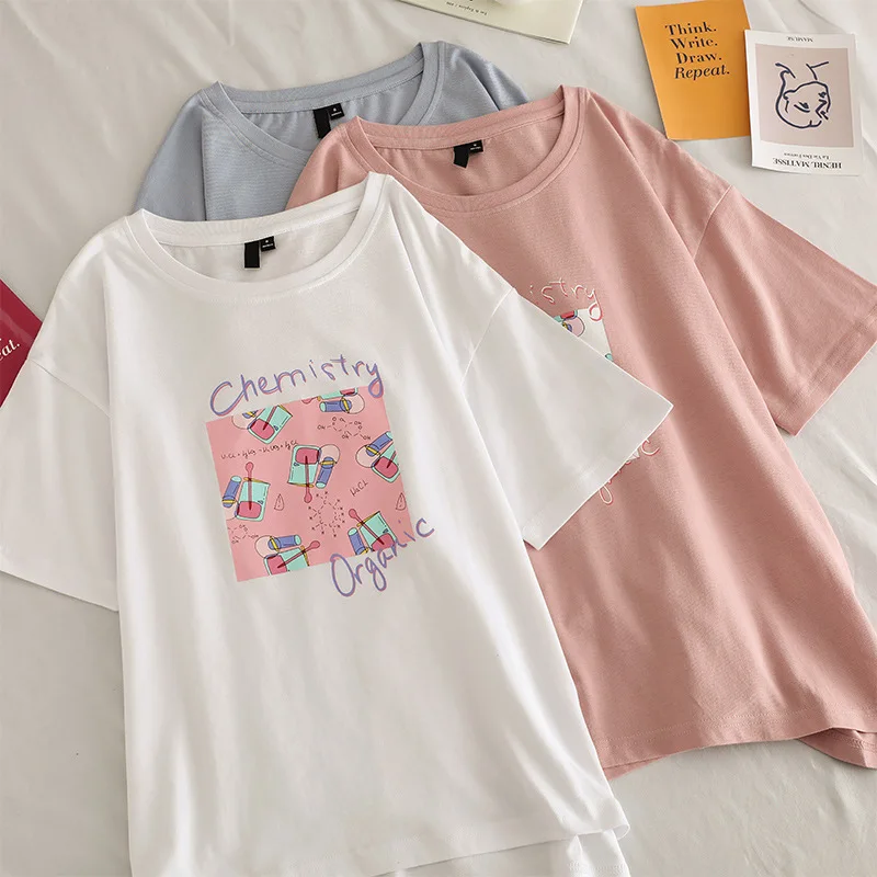 

2019 Summer Women Cute Graphic Print T-shirt Cec Short Sleeve Female Graphic T Shirts Korean Loose Tees Tops Harajuku 90s New