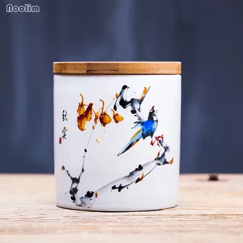 

NOOLIM Kung Fu Jingdezhen Ceramic Tea Can Small Mini Tea Caddy Pu'er Green Tea Sealed Storage Tank Canister With Bamboo Lid