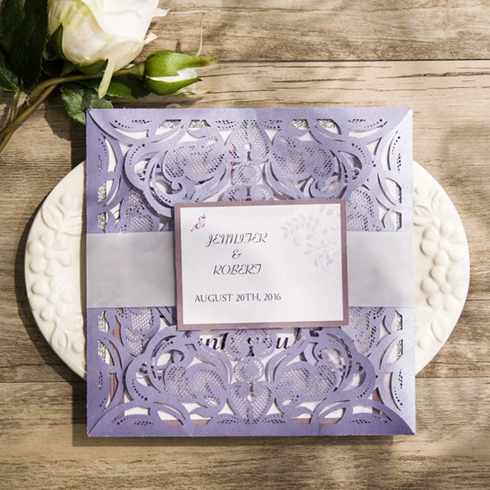 lavender laser cut wedding invitations card with rsvp and