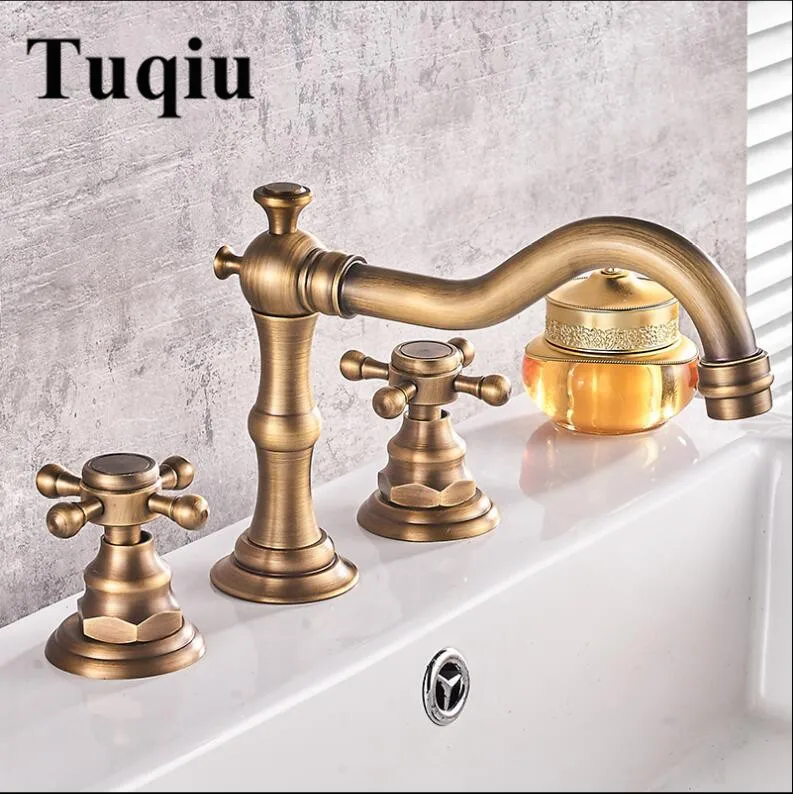 3 pcs Antique Brass Crane Deck Mounted Bathroom Basin Mixer Tap Bath