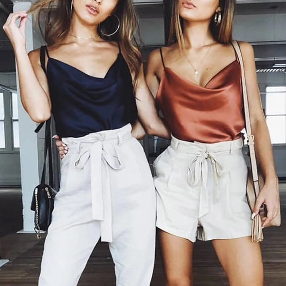 

Women Ladies Satin Top 2019 Summer Solid Spaghetti Strap Camis Tops Fashion Streetwear Casual Loose Basic Shirts Silk Camisole