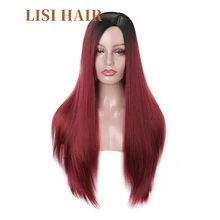 LISI волосы 26 дюймов длинные прямые волосы черный Омбре красный цвет парики для женщин Средний размер синтетические волосы высокая температура волокна