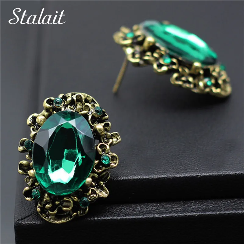 Fashion Wedding Accessories Antique Bronze Vintage Green Big Stone Crystal Rhinestone Stud Earrings For Women Jewelry|jewelry conventions|earring jewelry boxjewelry organic - AliExpress