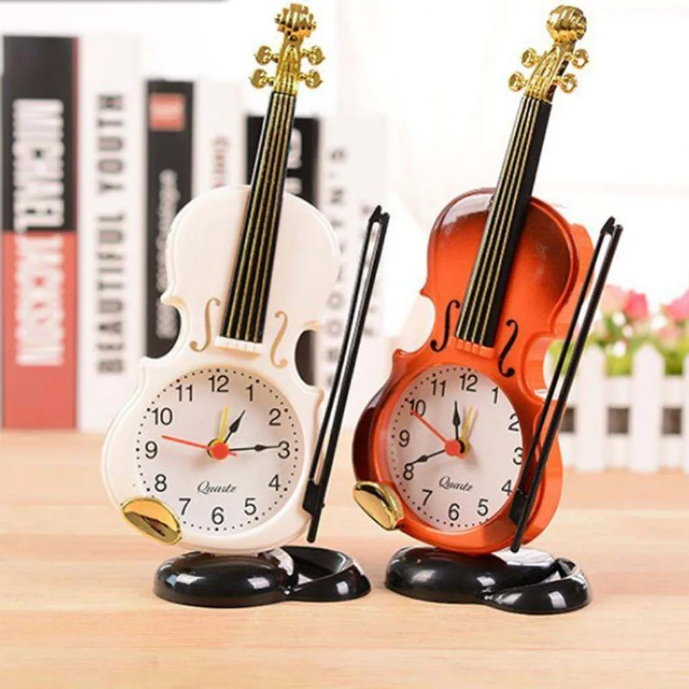 1pc Small Bed Compact Travel Quartz Clock Simulated Violin Alarm Clock#288312