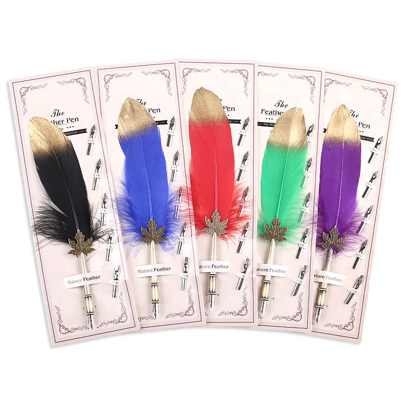 

1Set Multicolor Calligraphy Feather Dip Gift Decoration Quill Pen Writing Ink Set Gift Box with 5 Nib Wedding Fountain Pen