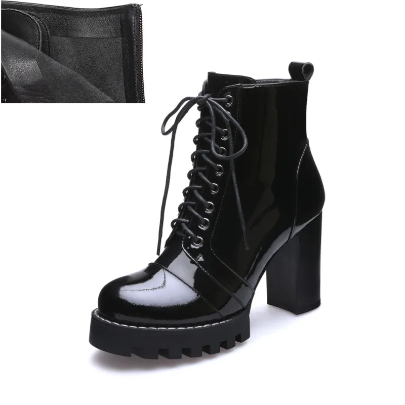 Prova Perfetto Brand Design Black ankle Boots Women Lace-up Real Leather Platform Shoe Woman Party Ankle Boots High Heel Boots - Цвет: Black Plush in