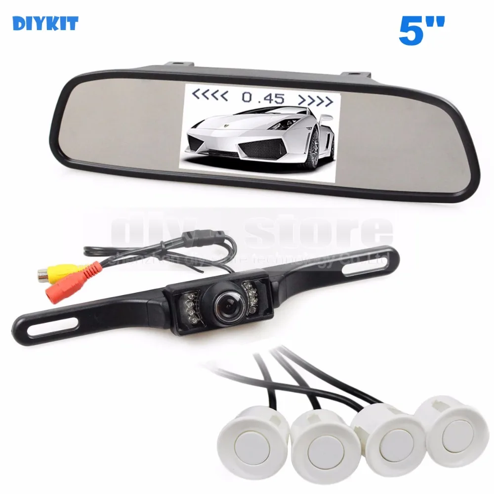 DIYKIT 5 Inch Rear View Car Mirror Monitor Kit Video Parking Radar IR Rear View Car