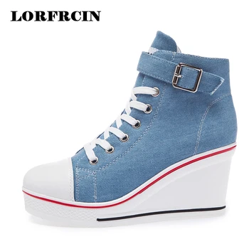 

Plus Size 43 Denim Canvas Shoes Woman Wedges Platform Sneakers For Women 8cm High Heels Ladies Summer Casual Shoes 2018 LORFRCIN