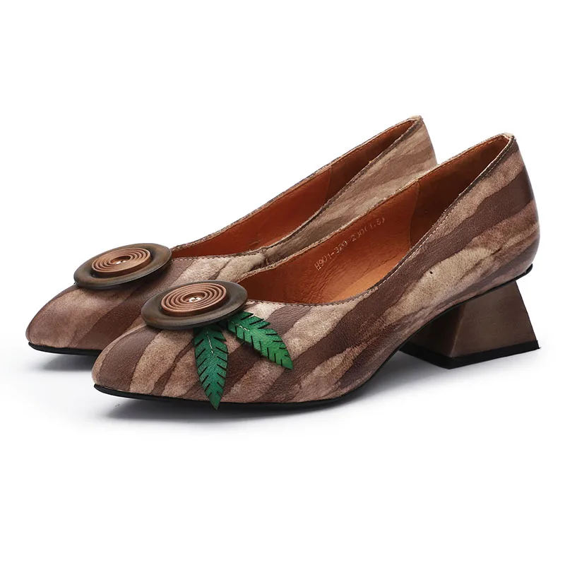 

2019 New Arrival Vintage Shoes Woman Pumps Pointed Toe Lady High Heel Shoes Flower Handmade Natural Leather Female Casual Shoes