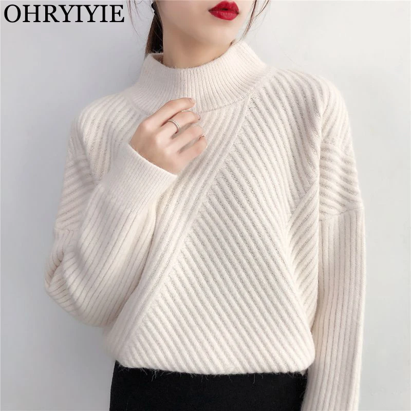 

OHRYIYIE Autumn Winter Striped Knitted Sweaters And Pullovers 2019 New Thick Coarse Wool Sweater Female Tricot Pull Femme Tops