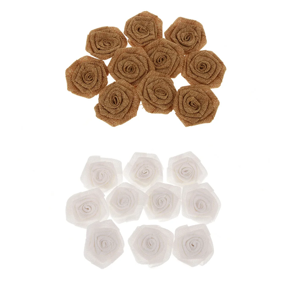 20Pcs Wedding Party Decor Artificial Flowers Clips Hair Bands Hat Clothes Scrapbooking DIY Linen Roses White+Brown
