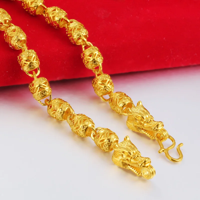 

Gothic Style Mens Bracelet Yellow Gold Filled Hollow Bead Wrist Chain Fashion Dragon Head Bracelets