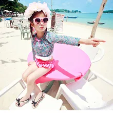 Высокое качество, 3 предмета, милые детские цветочные бикини с оборками, купальники для девочек, детский однотонный купальник с бантом, милый розовый купальный костюм