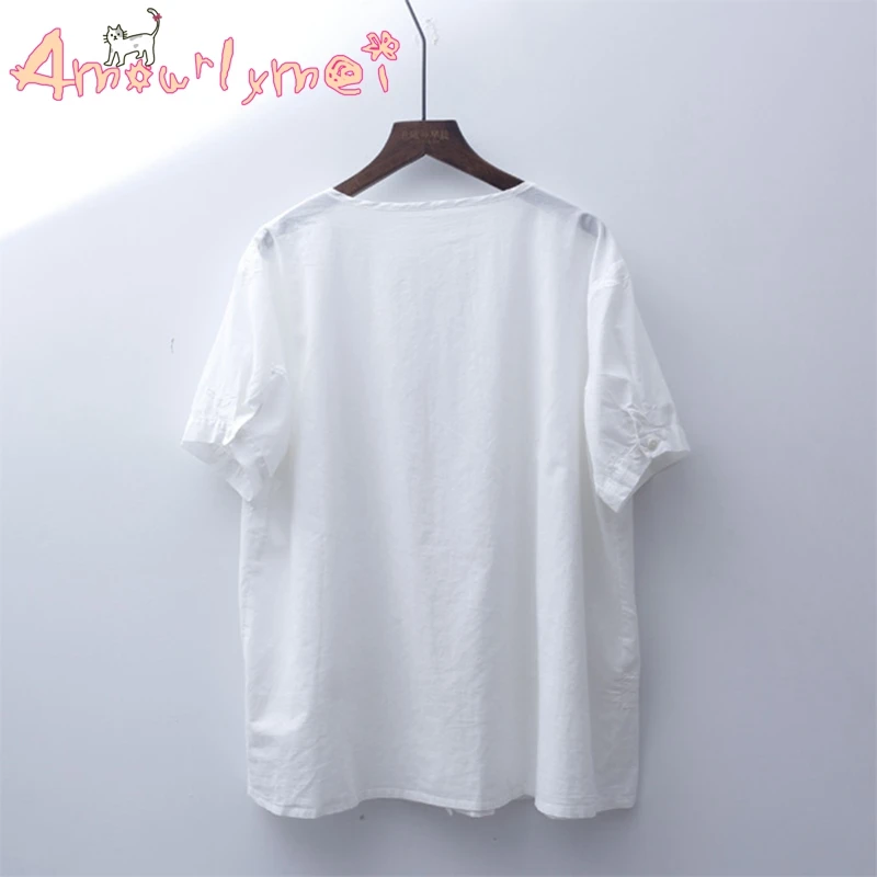 Blusas Femininas Летняя женская белая хлопковая блузка Mori Girl кружевная вышитая О-образным вырезом свободная рубашка с коротким рукавом топы