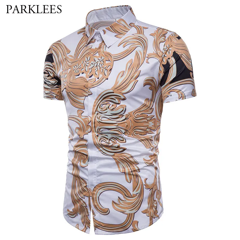 Mens Golden Floral Printed Dress Shirt 2018 Brand New Luxury