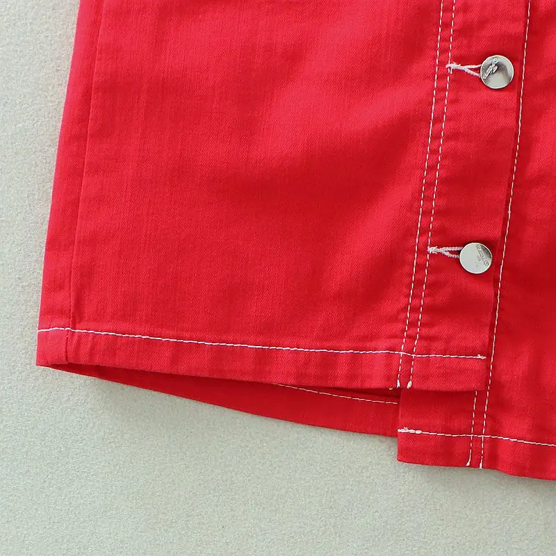 Красные джинсовые юбки женские летние однобортные юбки с большими карманами неправильной длины прямые короткие джинсовые юбки 26009