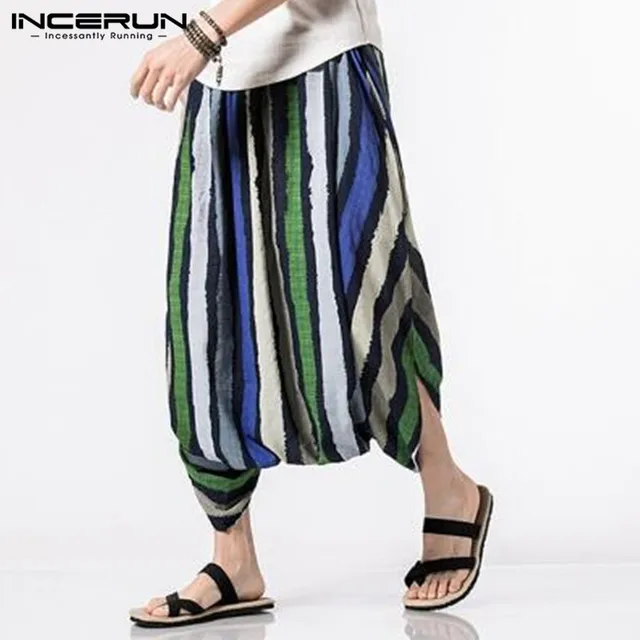 Summer Cotton Men’s Pants Ankle-Length Strip Print Design Elastic Waist Big Crotch Baggy Trousers Casual Harem Hip Hop Bottom
