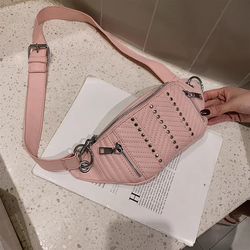

rivet New Fashion Shoulder Waist Bag Women Waist Belt Bag Luxury Brand Leather Chest Handbag pink 5n3194