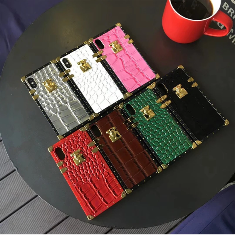 

brand luxury square metal alligator leather fashion girl lanyard cover case for iphone 6 7 7plus 8 8Plus X XS XR MAX phone coque