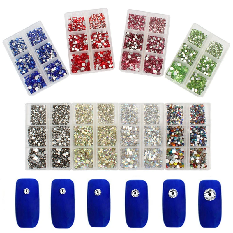 

1 Box Multi Size Glass Nail Rhinestones Mixed Colors Flat-back AB Crystal Strass 3D Charm Gems DIY Manicure Nail Art Decorations
