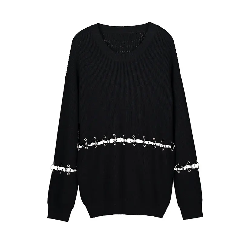 Modstreets Женская одежда в европейском стиле с круглым вырезом на талии, однотонный вязаный свитер с круглым вырезом и длинными рукавами, Женский мягкий шерстяной пуловер - Цвет: Black
