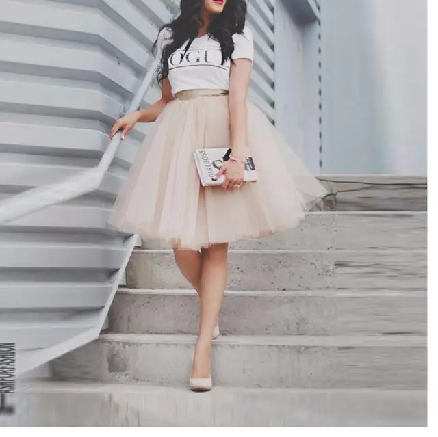 Hot Sale Tulle Skirt Satin Waist Knee Length Puffy Skirts Womens high