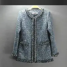 Синяя твидовая куртка с бусинами на заказ Тяжелая осенняя/зимняя женская куртка пальто и длинные секции женское твидовое пальто