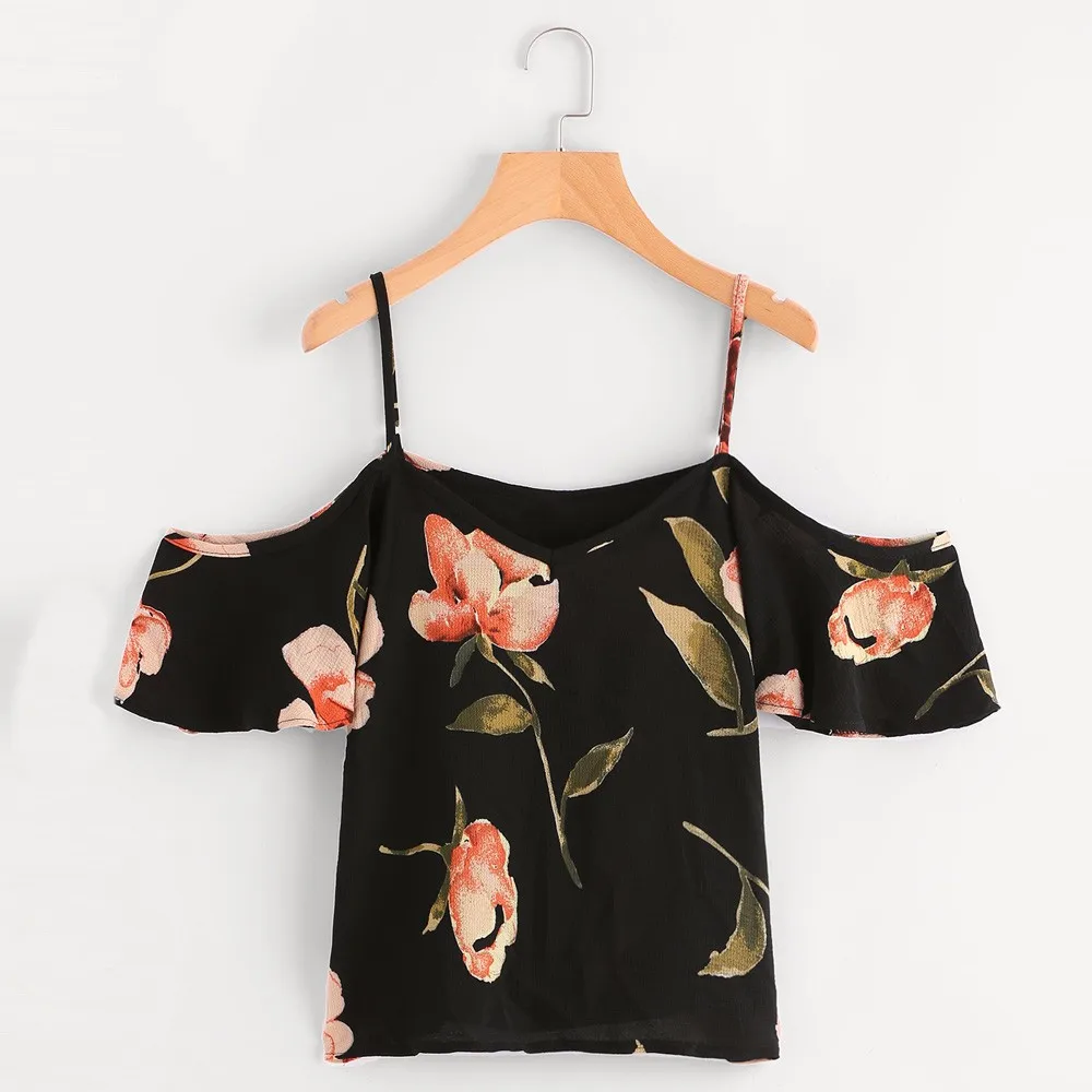 

Women Summer Printed Skirts Chiffon V-Neck Cold Shoulder Top