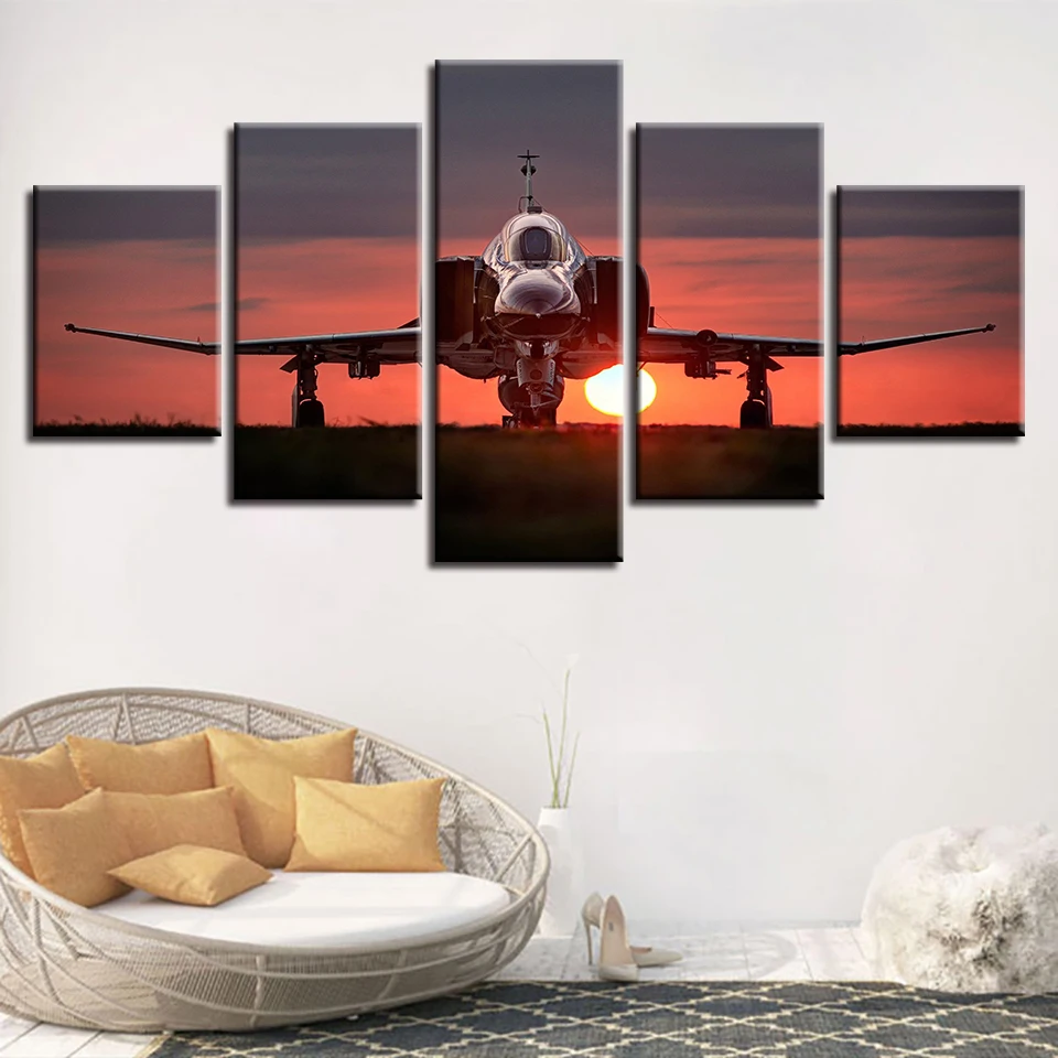 Printed Modular Picture Large Canvas Framework 5 Panel Sunset Aircraft Painting For Bedroom Living Room Home Wall Art Decor