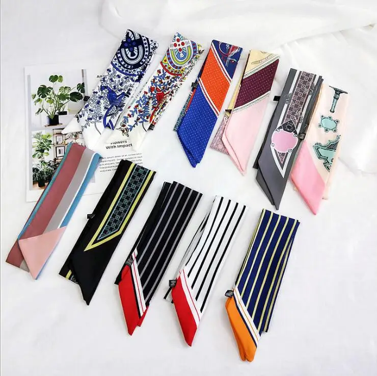 

2019 New Design Scarf Floral Print Tie Women Silk Scarf Striped Fashion Head Scarf Brand Handle Bag Ribbons Small Long Scarves