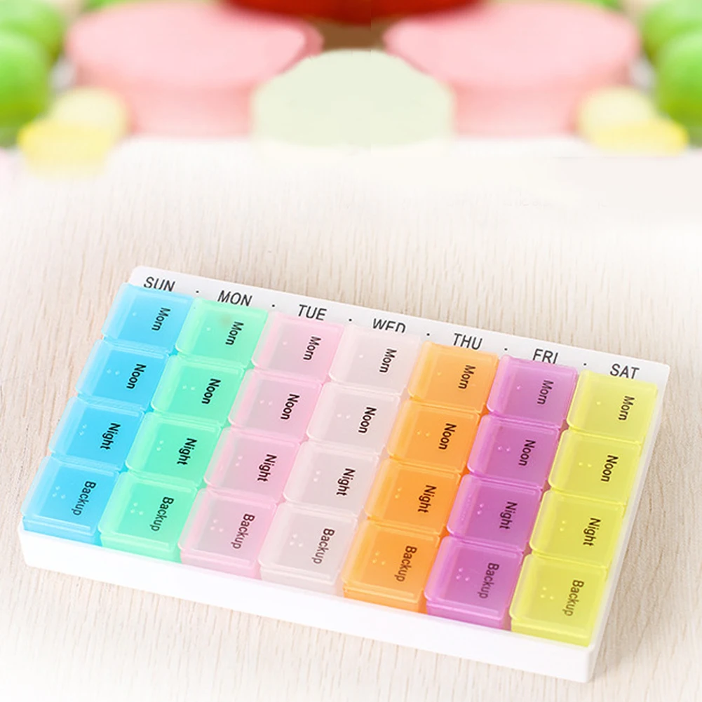 

Medical Kit box case with 28 grids week day medicine box from morning noon night backup grids English