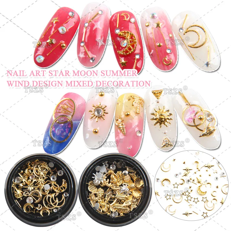 

1bottle/lot Mix Gold Copper Nail Rivet shell pineapple Star Moon Design Punk Nail Jewlery 3D Nail Art Decoration For Manicure