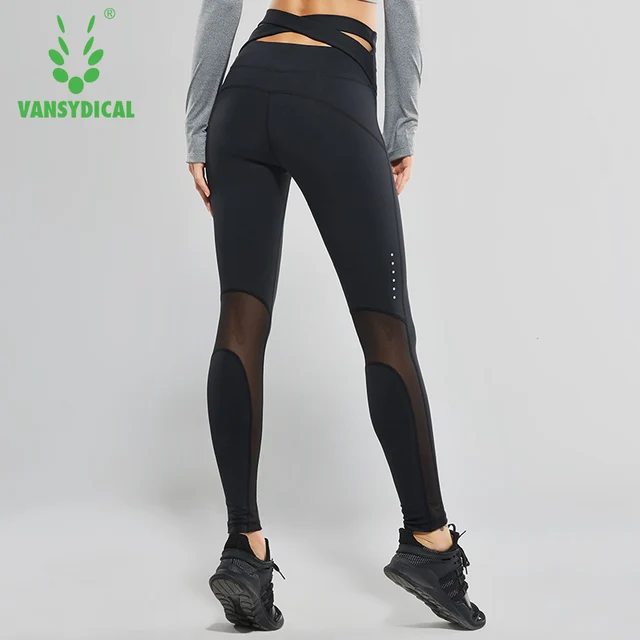 US $14.24 Vansydical Women High Waist Yoga Pants Cross Belt Dance Tights Compression Running Leggings Skinny 