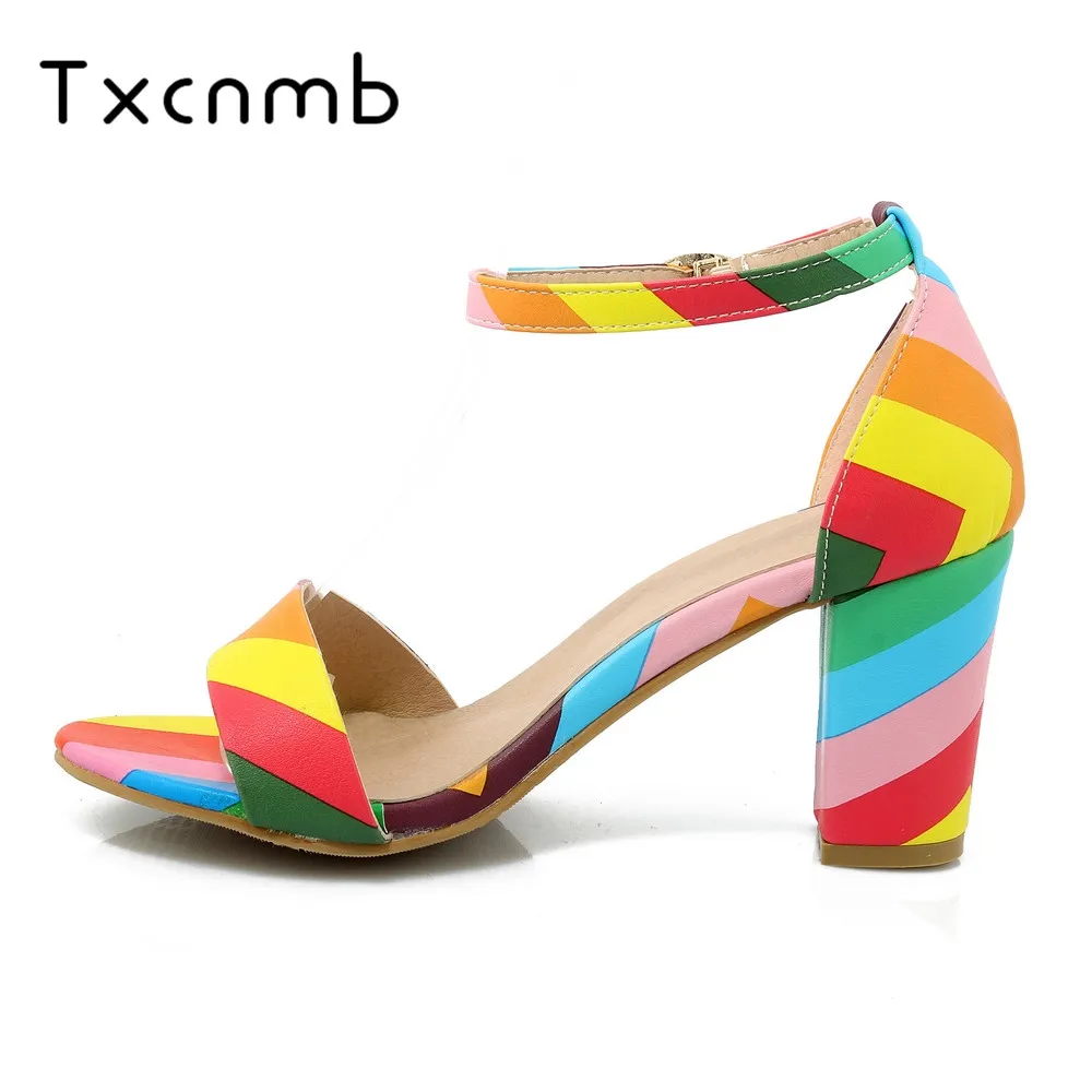 

TXCNMB 2020 summer shoes women sandals summer shoes outside mixed color square high heels mules female dress shoes big size 44