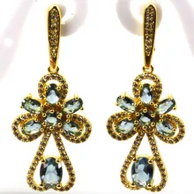 Impresionante Topacio Azul Londres, blanco CZ de la mujer de La Boda 925 Pendientes de Plata 47x18mm