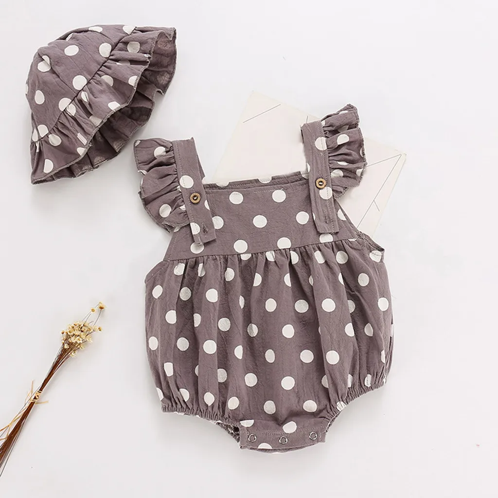 

2019 Infant Baby Boys&Girls Sleeveless Ruffles Dot Print Romper Bodysuit+Hat Set Size 70-100 Outfit New Arrival