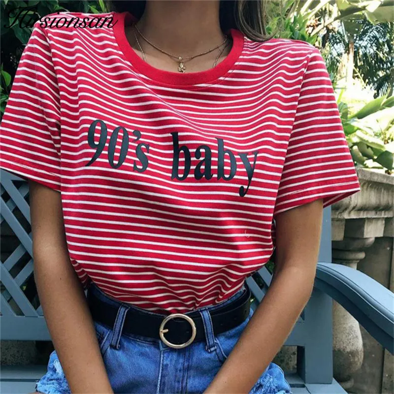 

Hirsionsan T Shirt Women 2019 Summer Red Striped Short Sleeves T-shirts Casual 90s Baby Printed Harajuku Women Tops Tee Shirts