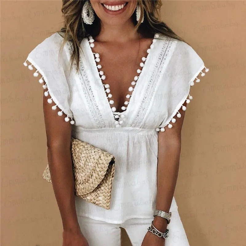 

Women Summer White Tassel Newest Style Sleeveless Deep V-Neck Vest Tops Casual T-Shirt Size S-XL