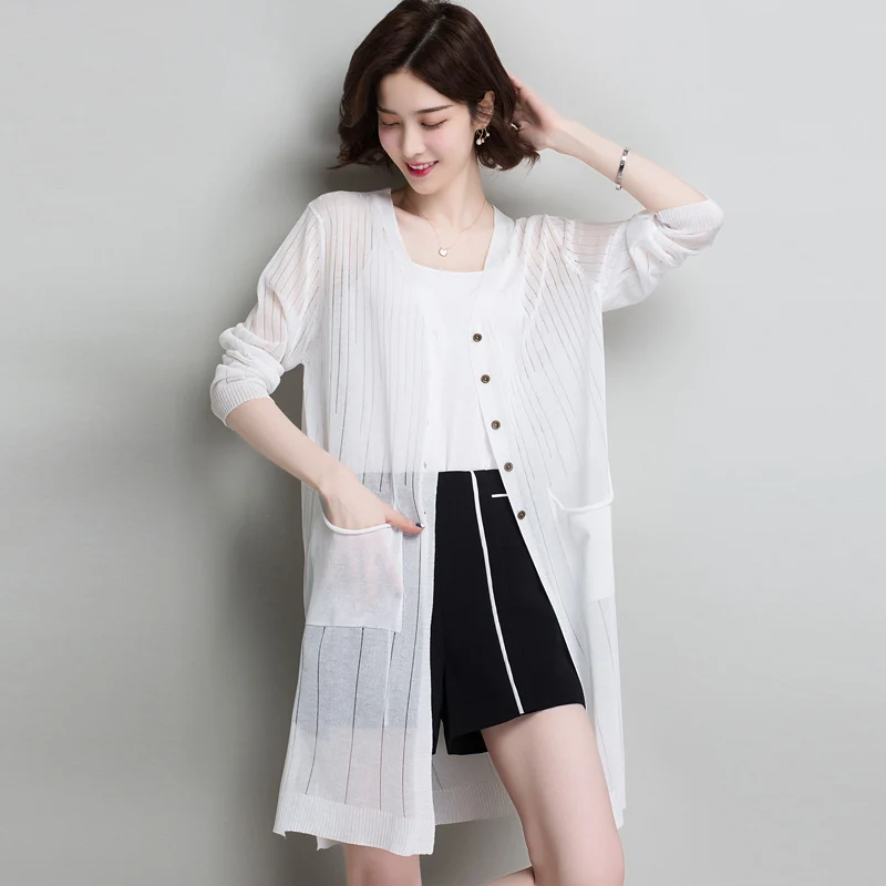 

Summer Autumn Women Split Long Cardigan Casual Pocket Thin linen Ice Silk Knitted Cardigans Female Sunscreen Sweater Coat Jacket