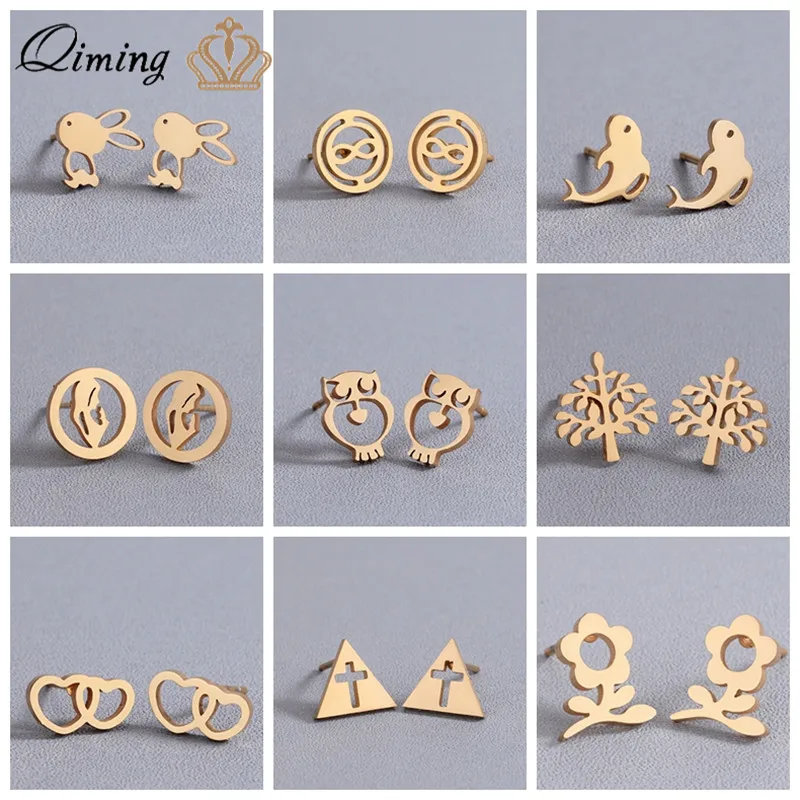 

2019 Stainless Steel Stud Earrings for Women Girls Rabbit Animal Love Tree Small Gift Gold Simple Fashion Wholesale Earring Girl