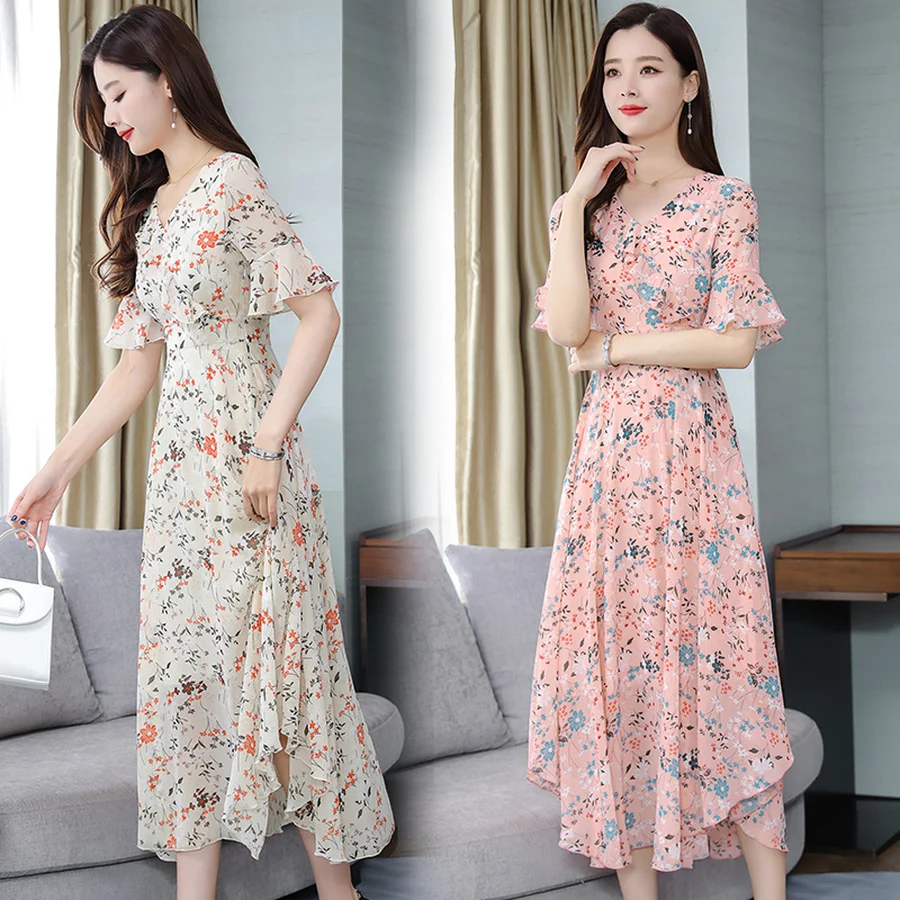 

Summer Pink Floral Chiffon Boho Maxi Sundress 2019 Vintage 3XL Plus Size Print Beach Dress Women Bodycon Elegant Party Vestidos