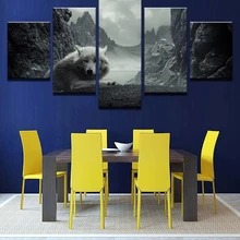 5 Panel Canvas Painting White wolf lying on the hill animal Wall Art Painting Modular Wallpapers Poster Print Home Decor on the black hill