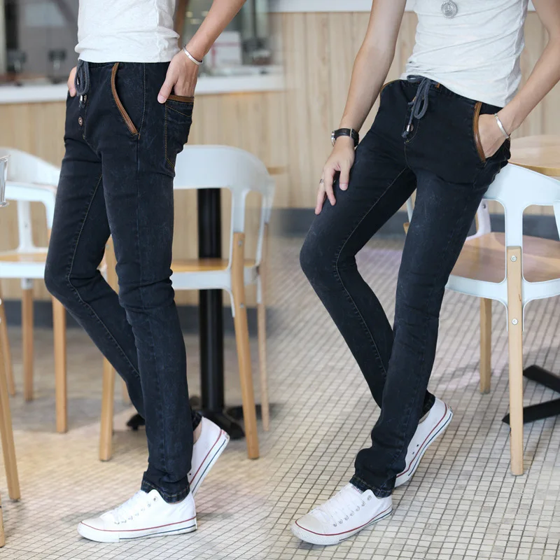 2015 Spring and Autumn mens elastic waistband button fly denim mans man pants jeans brand slim