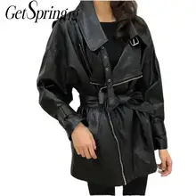 Женская куртка GETSPRING из искусственной кожи, черный, белый цвет, с поясом, женские кожаные куртки, осень-зима-, новинка