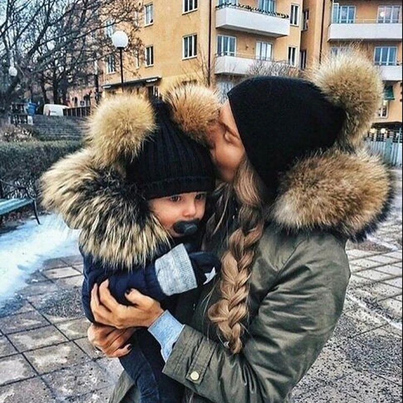 

Child Knit Beanie Mother Kids Winter Caps Fur Pom Poms Hats Women Faux Fur Beanies Wool Boys Girls Skullies Knitted Pompom Hat