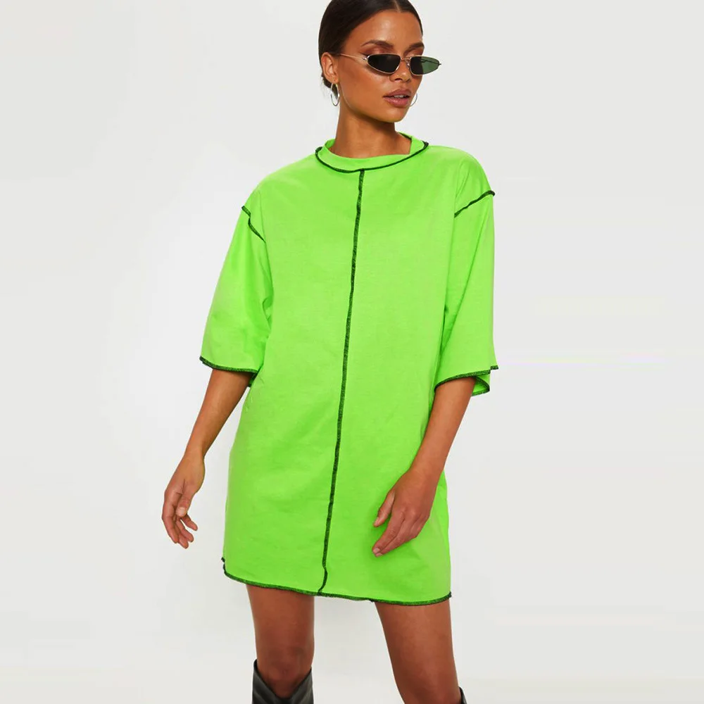 

2019 Summer Short Sleeve Neon Green White Tshirt Dress Casual Fashion Plus Size Loose Patchwork T Shirt Mini Dress Women Clothes