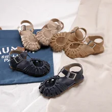 Новые удобные сандалии для девочек обувь с закрытым носком; туфли в стиле «Принцесса» плетения детские сандалии для девочек детская обувь кожаная пляжная обувь, сандалии Большие размеры