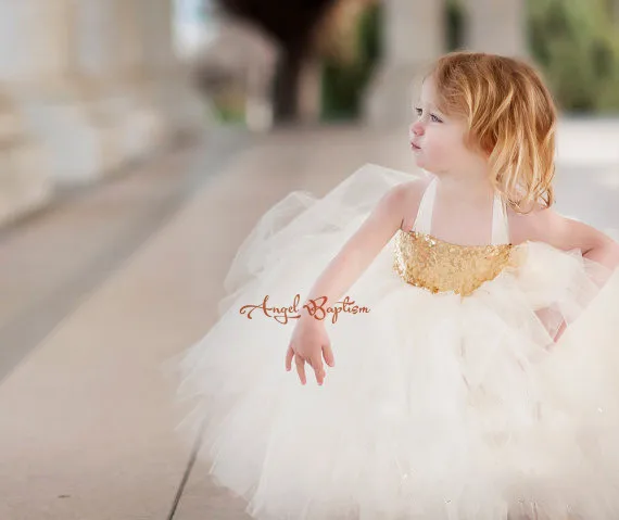 

New Cute Golden sequined white tulle Flower Girl Dress baby little girls ball gown dresses