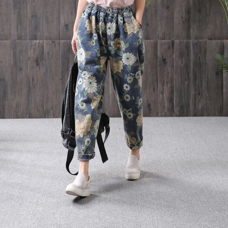 Деревенские винтажные джинсовые шаровары с цветами винтажные повседневные брюки 2019 Весна